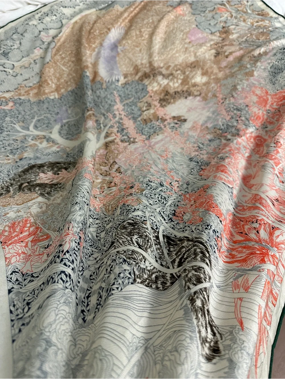 Hermes Floral Cashmere Silk Scarf in Orange, Pink, Navy, Brown - Picture 6 of 6